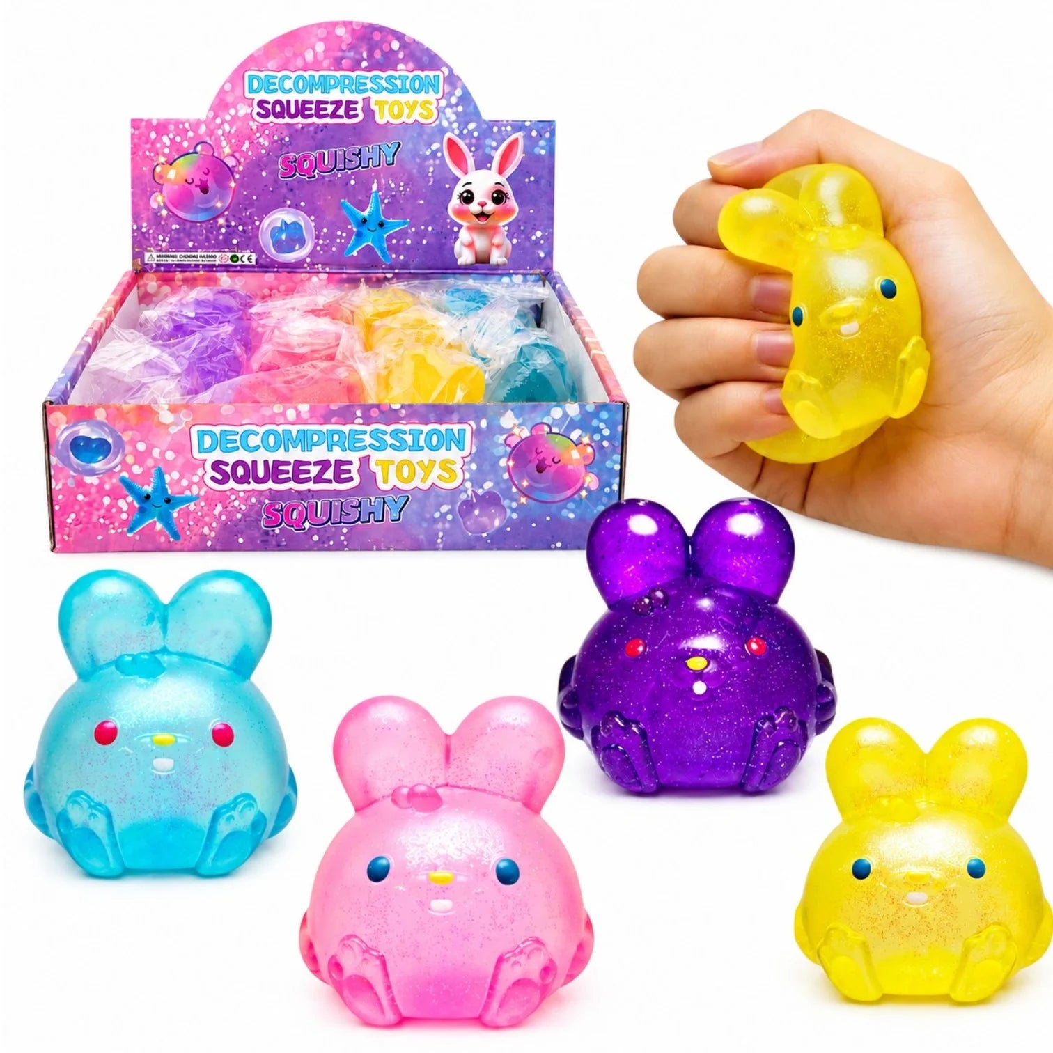 Jucărie Squishy Iepuras 12/set, cu Glitter 8cm Anti-Stres, Slow Rising, Diferite Culori Engros