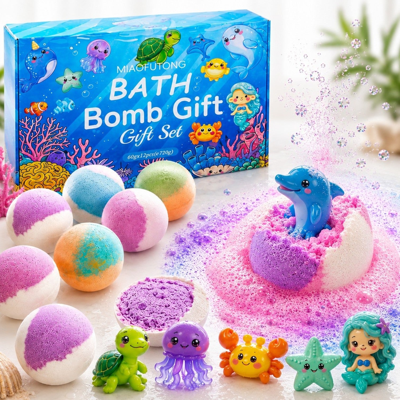 Bombe de Baie 12/set cu Surprize Marine, Efervescente și Parfumate, 60g/Buc, Figurine Ascunse în Interior 5cm, Diferite Arome Engros