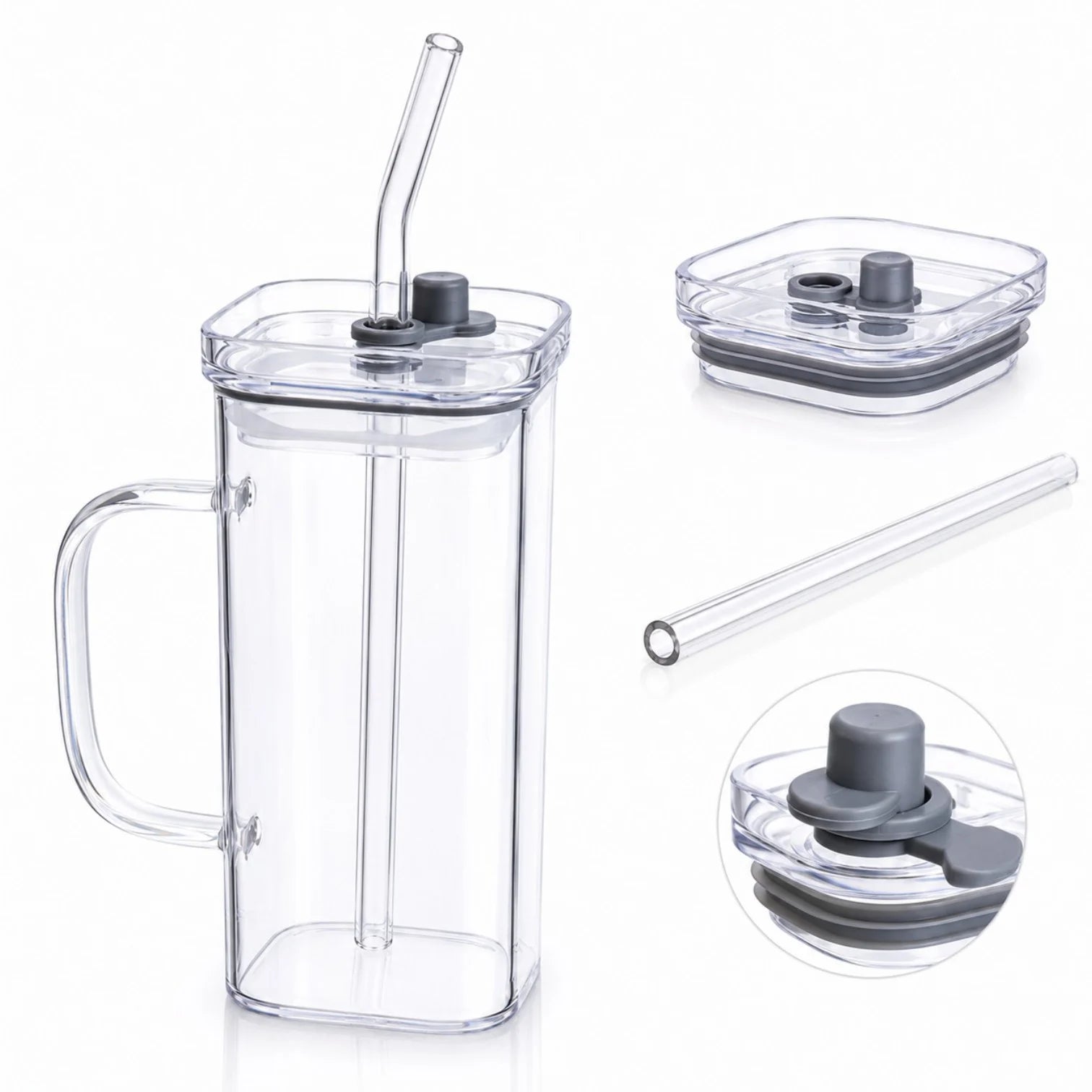 Pahar cu Pai din Sticlă14x6cm, Cana cu Capac cu Garnitură Etanșă din Silicon și Mâner Engros