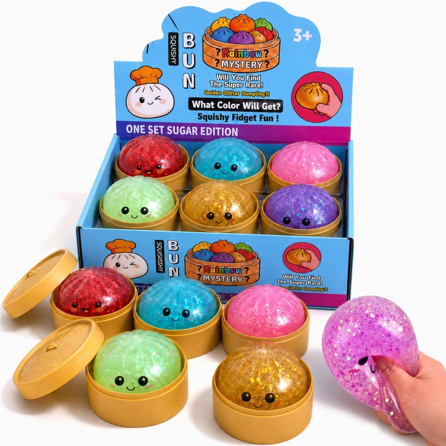 Jucărie Squishy Dumpling Rainbow în Cutie Plastic 10cm, Antistres, Model Glitter, Diferite Culori Engros