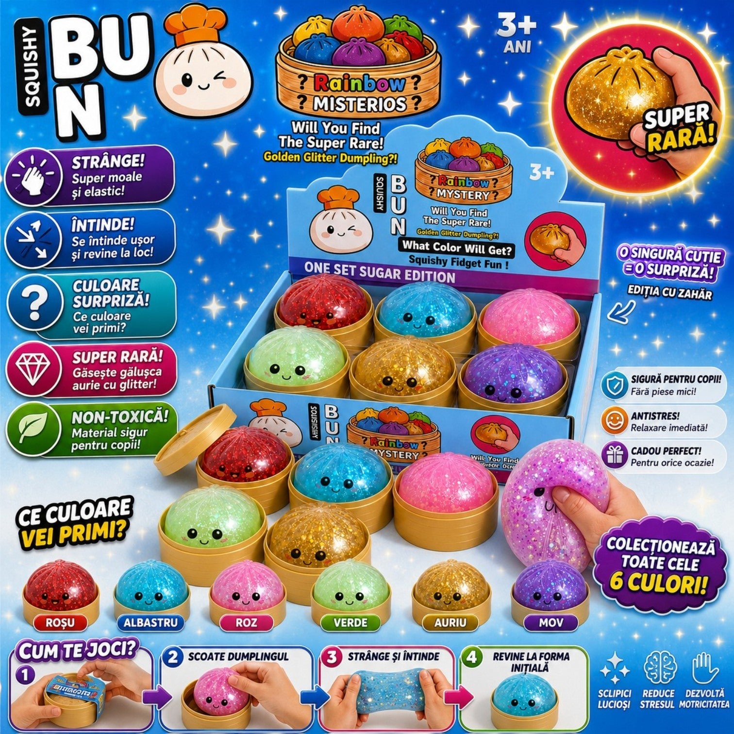 Jucărie Squishy Dumpling Rainbow 12/set, în Cutie Plastic 10cm, Antistres, Model Glitter, Diferite Culori Engros