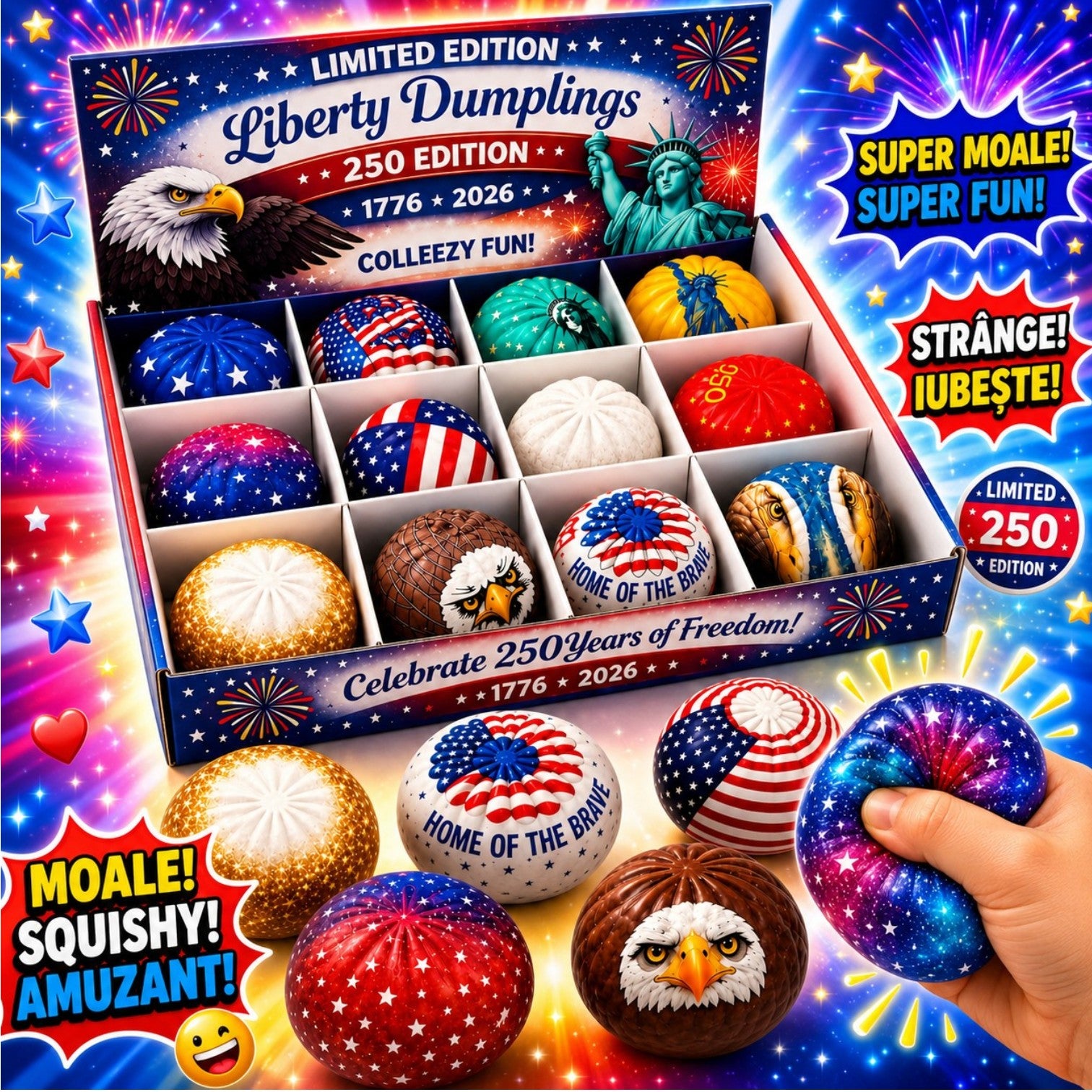 Jucărie Antistres Squishy 12/set, Liberty Dumplings, 9cm, Ediție Limitată 250 Edition 1776-2026, Slow Rising, Diferite Modele Engros