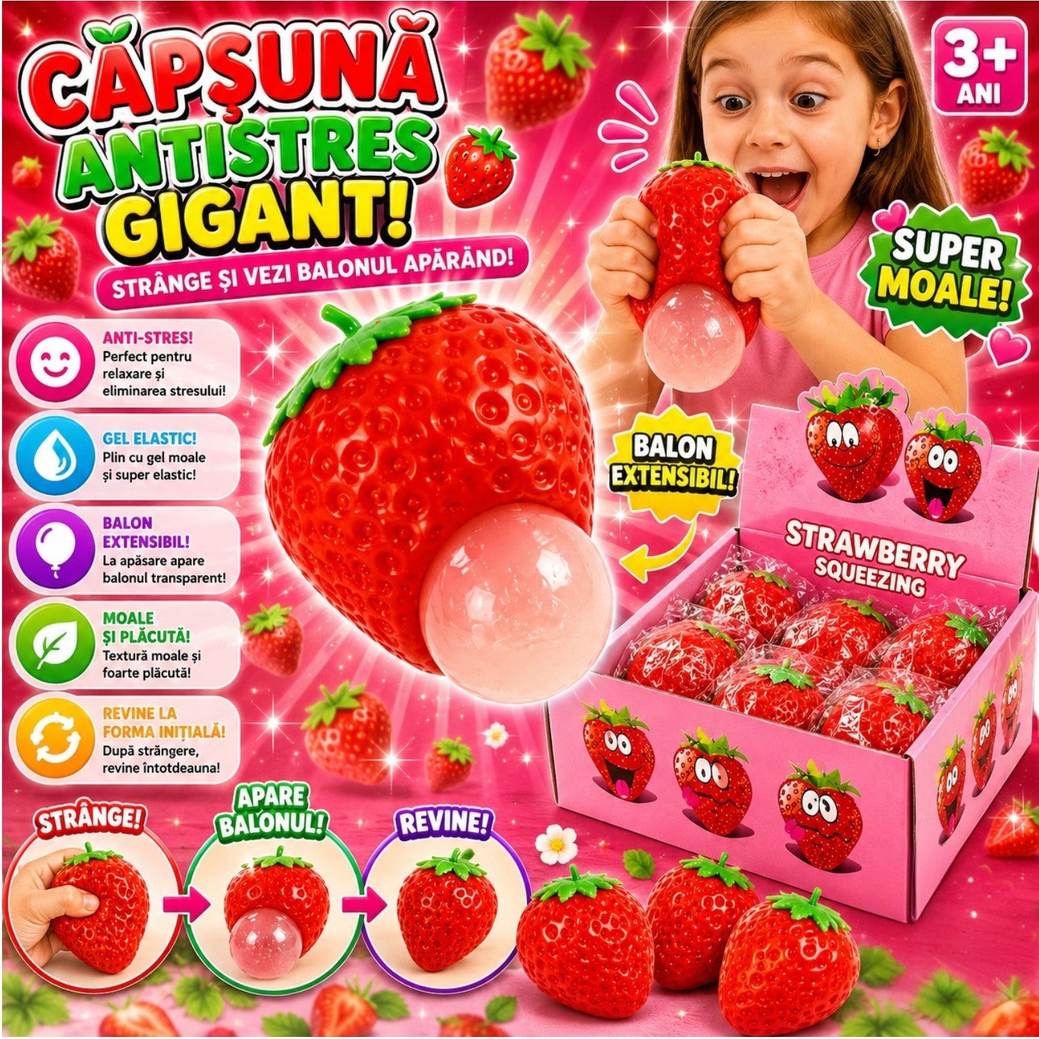 Jucărie Squishy Căpșună 8cm, cu Gel Extensibil, Anti-Stres, Diferite Culori, Model Strawberry Squeeze Engros