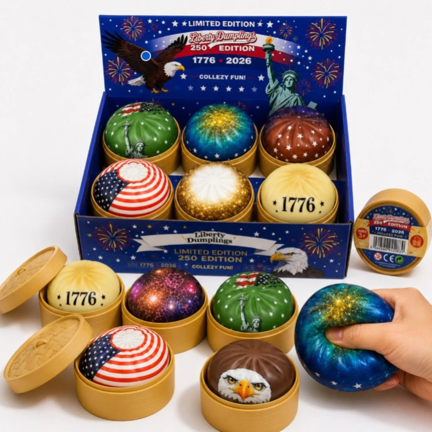 Jucărie Antistres Squishy 12/set, Liberty Dumplings 9cm, în Cutie Plastic, Ediție Limitată 250 Edition 1776-2026, Slow Rising, Diferite Modele Engros