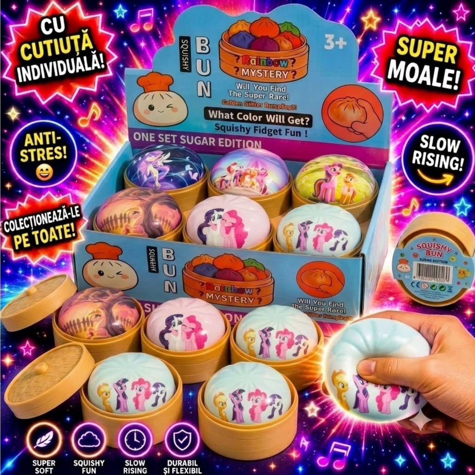 Jucărie Squishy Dumpling 12/set, în Cutie Plastic, 9cm Antistres, Model Ponei Engros