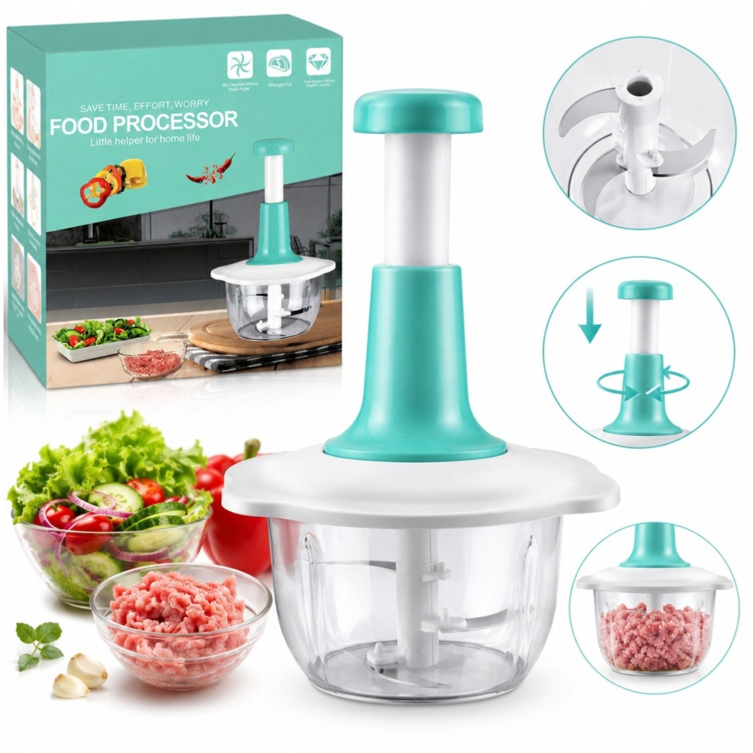 Tocator Manual 1.5L Multifuncțional, cu 3 Lame din Oțel Inoxidabil, 27cm, pentru Legume și Carne Engros