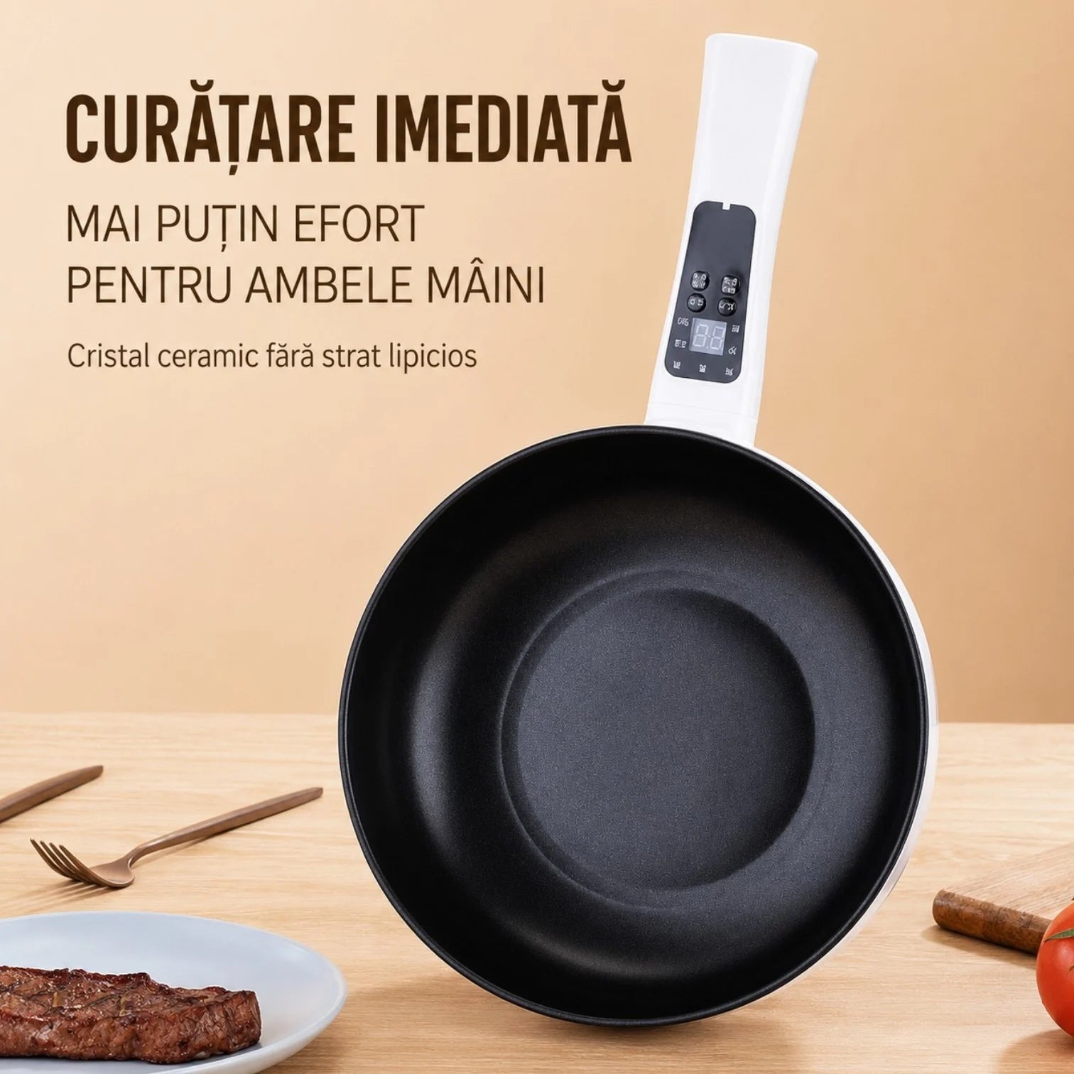 Tigaie Electrică Multifuncțională 26 cm, cu Tavă pentru Gătire la Abur, Strat Ceramic Antiaderent, Capac din Sticlă, Afișaj Digital și Control al Temperaturii Engros