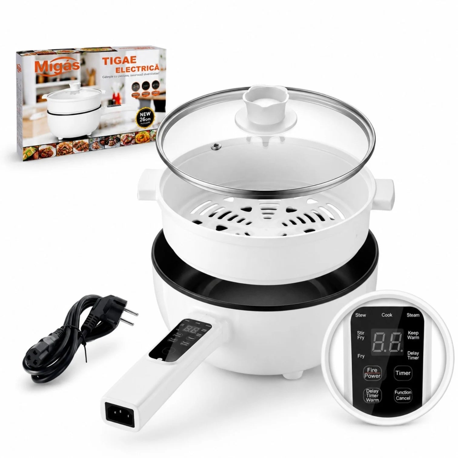 Tigaie Electrică Multifuncțională 26 cm, cu Tavă pentru Gătire la Abur, Strat Ceramic Antiaderent, Capac din Sticlă, Afișaj Digital și Control al Temperaturii Engros