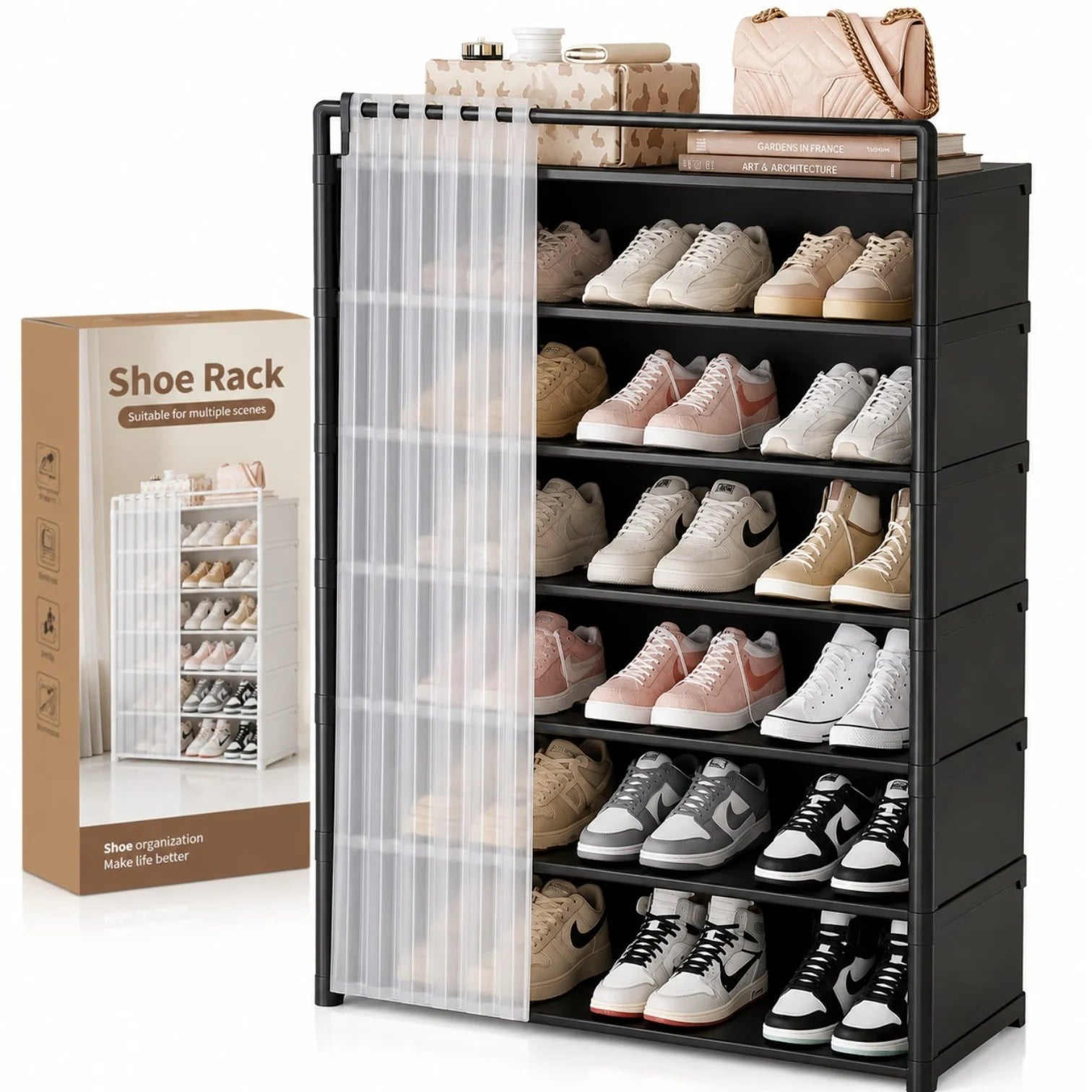 Dulap Organizator pentru Pantofi 105×68×28cm, Pantofar cu 7 Niveluri, cu Husă Antipraf și Structură Metalică, Diferite Culori Engros