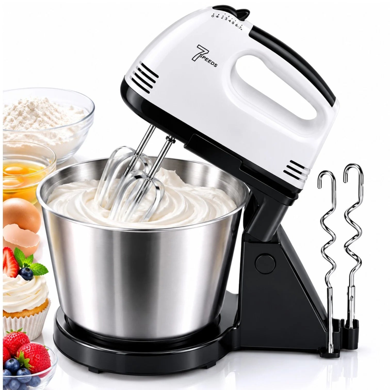 Mixer Electric cu Bol din Inox 4L, 380W, 7 Trepte de Viteză, Accesorii pentru Mixare și Frământare, Suport Stabil Engros