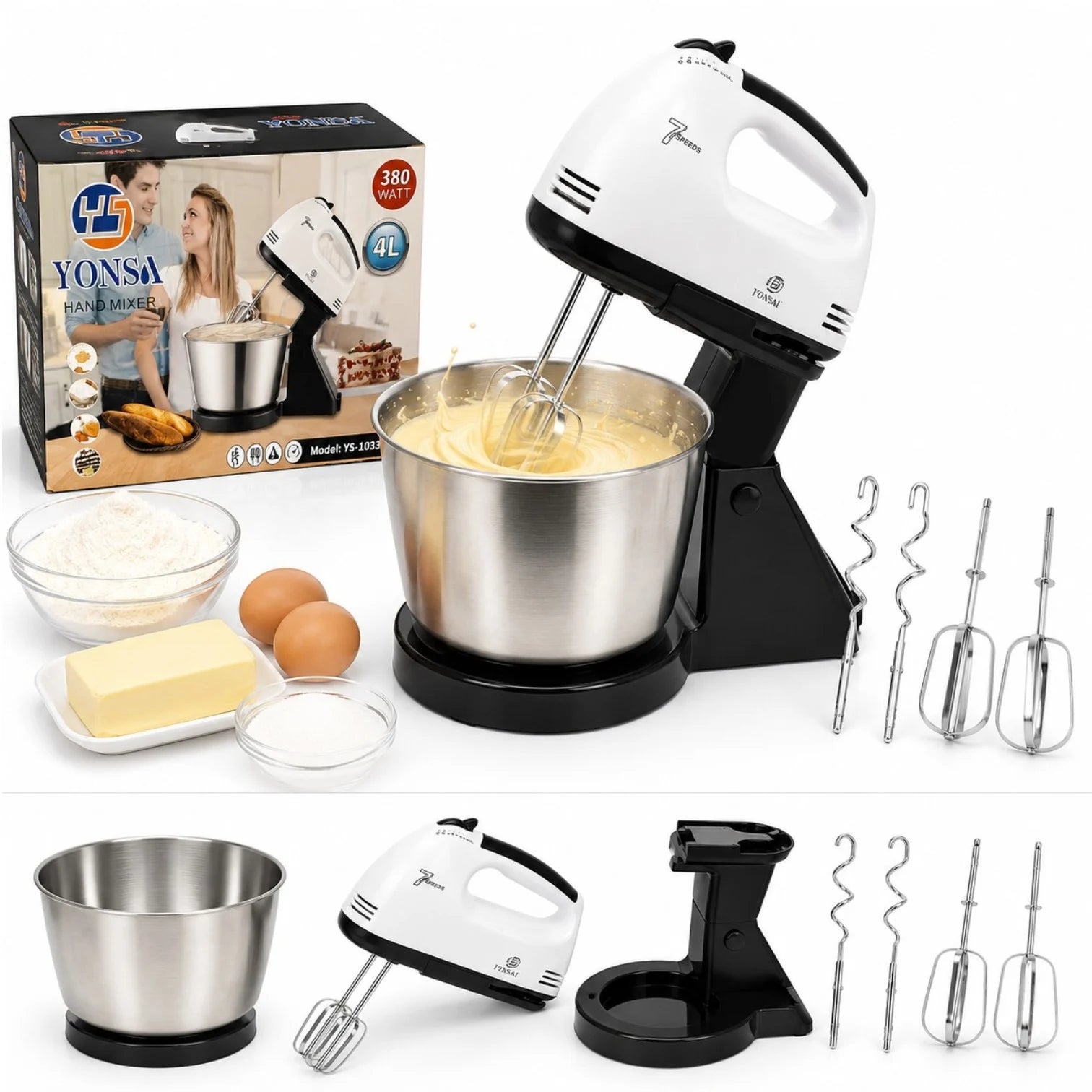 Mixer Electric cu Bol din Inox 4L, 380W, 7 Trepte de Viteză, Accesorii pentru Mixare și Frământare, Suport Stabil Engros