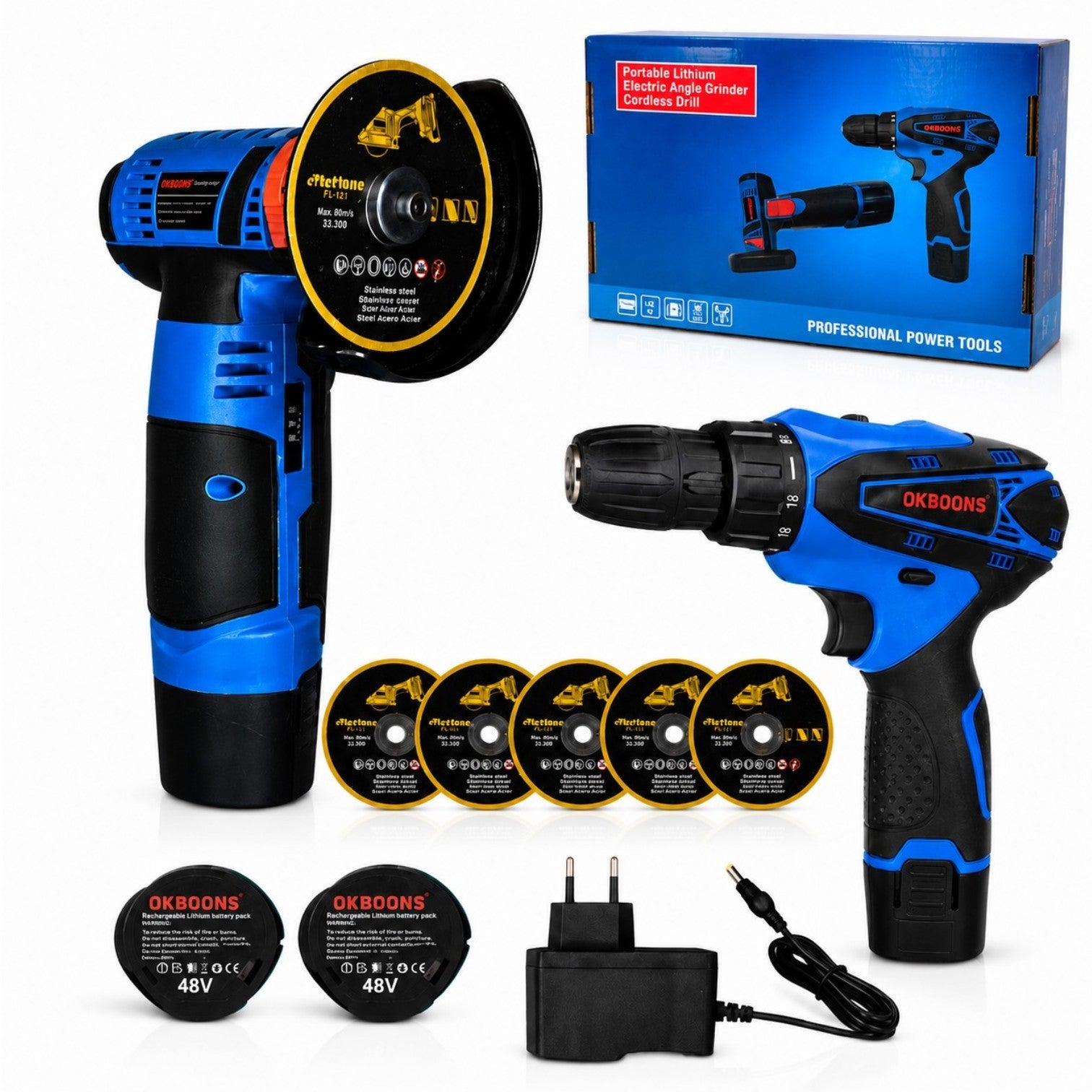 Flex Unghiular și Bormașină cu Acumulator 48V, 2 Baterii, 5 Discuri, Încărcător, OKBOONS Engros