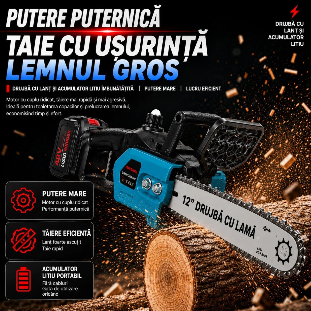 Drujba Electrica cu Acumulator 65cm, Lamă 12, 48V, 2 Acumulatori, Încărcător, Cheie și Cutie de Transport Engros