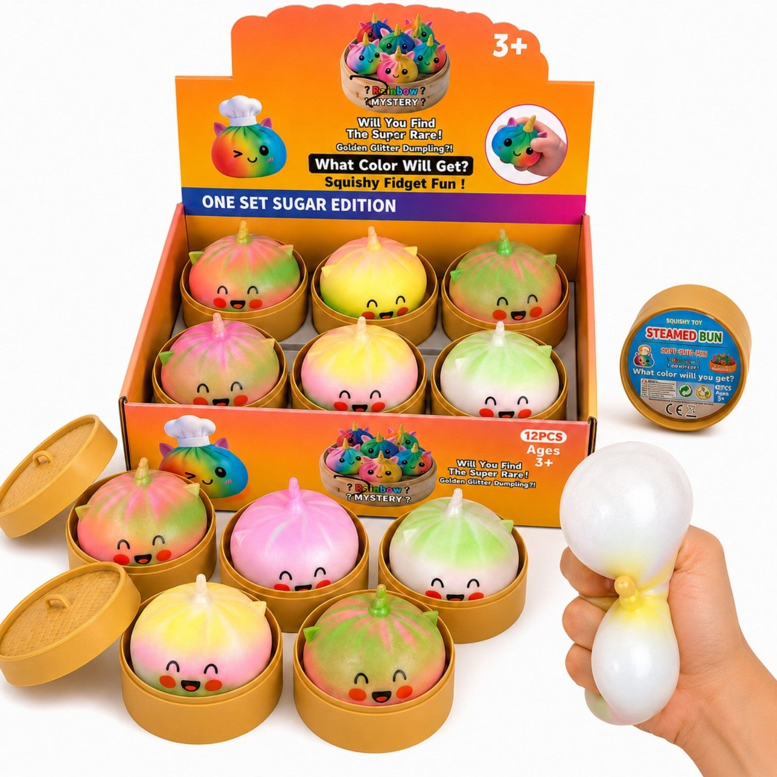 Jucarie Squishy Dumpling, Model Unicorn Curcubeu cu Spumă în Interior 10cm, în Cutie Plastic, Antistres, Super Moale și Elastică Diferite Culori Engros