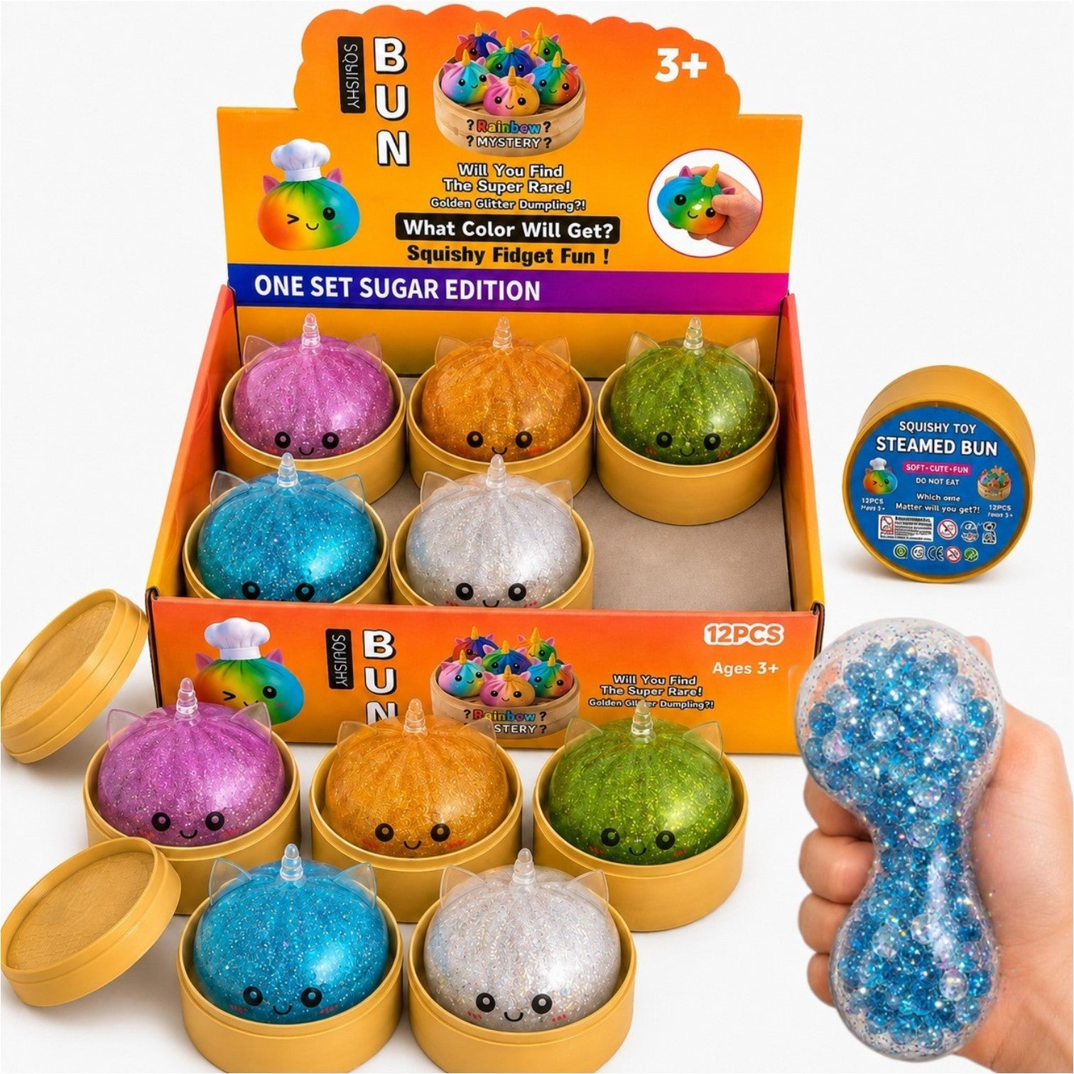 Jucarie Squishy Dumpling 12/Set, Model Unicorn cu Sclipici și Bile Mari în Interior 10 cm, în Cutie din Plastic, Antistres, Super Moale și Elastică, Diferite Culori Engros