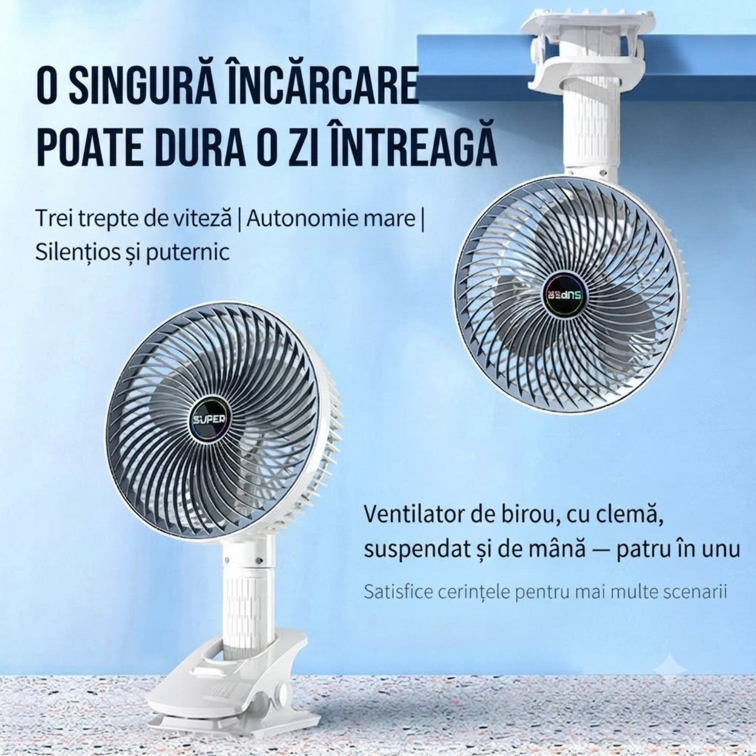 Ventilator Portabil cu Clemă 30×16cm, USB Reîncărcabil, 3 Trepte de Viteză, Rotire Reglabilă 360° Engros