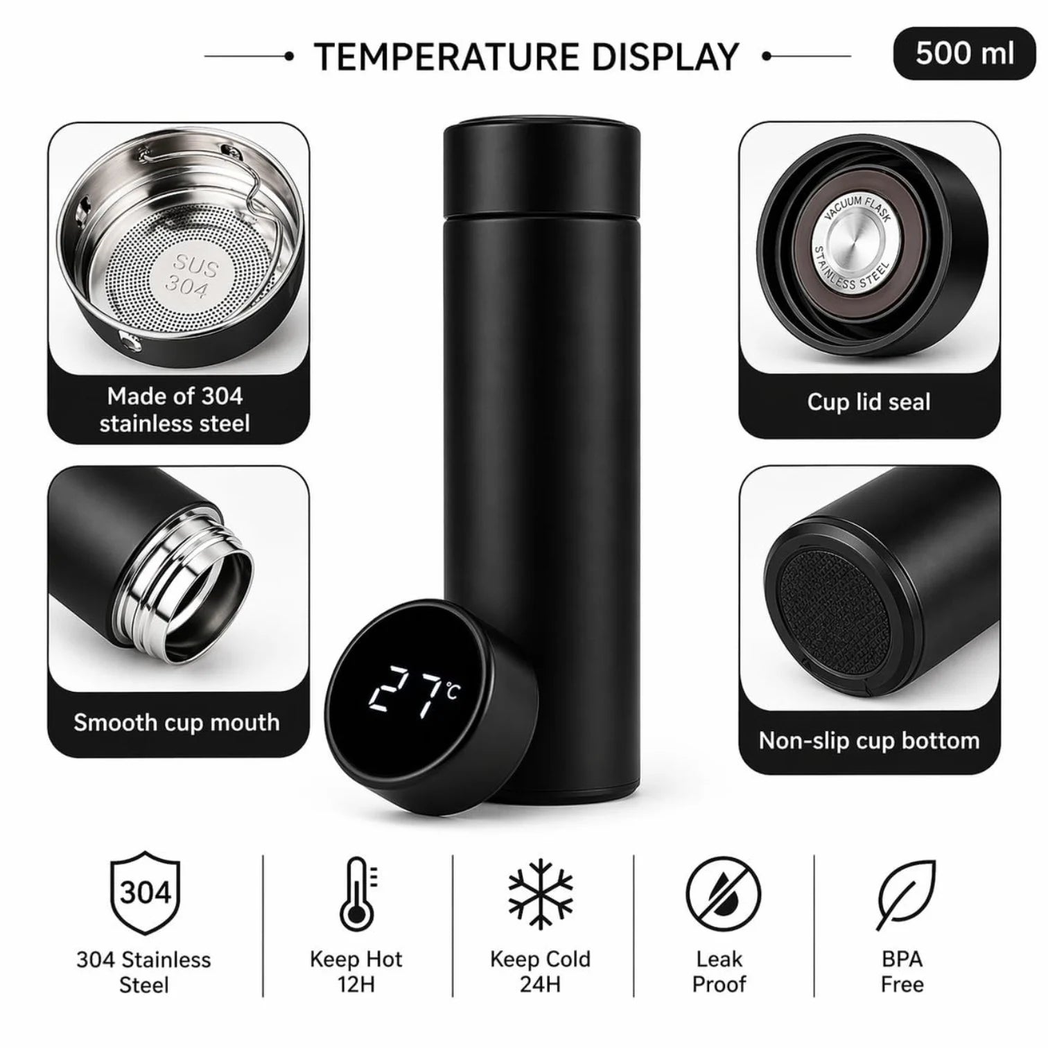 Termos Inteligent 500ml cu Afișaj LED al Temperaturii, 22.5×6.5cm, Oțel Inoxidabil, Filtru pentru Ceai și Capac Etanș Engros