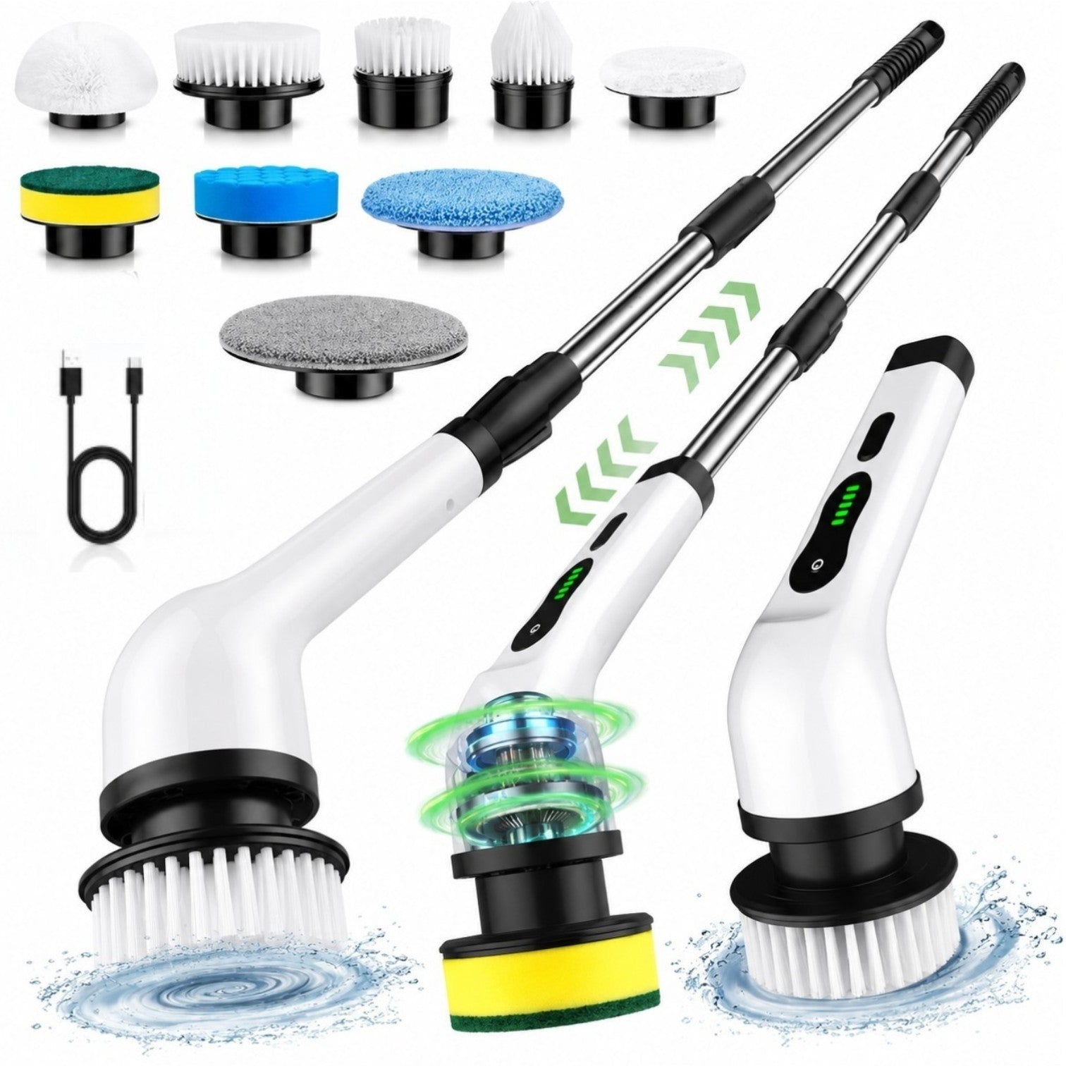 Perie Electrică de Curățare 9 în 1, 25W, 110–120cm Reîncărcabilă USB, Mâner Telescopic Extensibil, 9 Capete Interschimbabile, Multifunctionala Engros