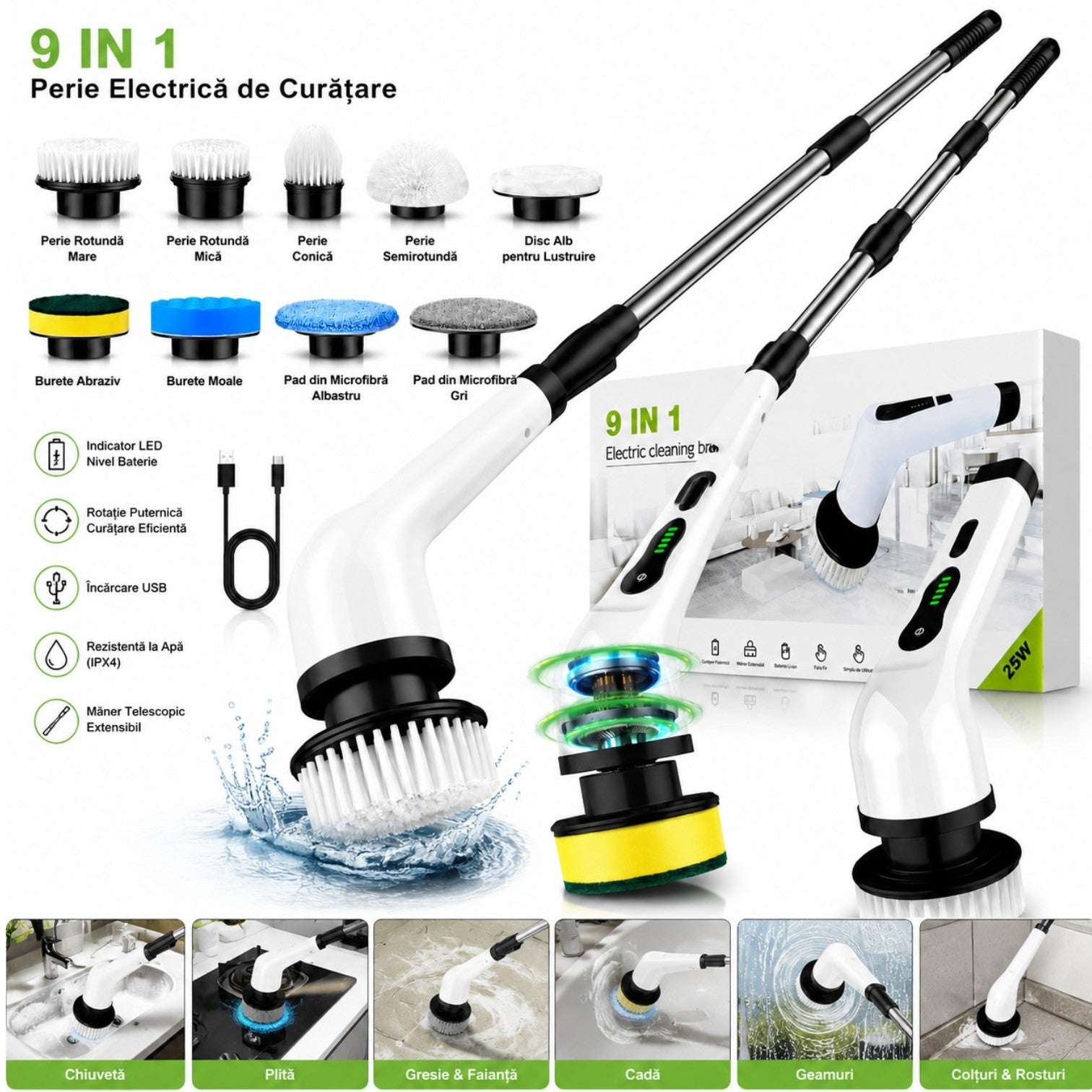 Perie Electrică de Curățare 9 în 1, 25W, 110–120cm Reîncărcabilă USB, Mâner Telescopic Extensibil, 9 Capete Interschimbabile, Multifunctionala Engros