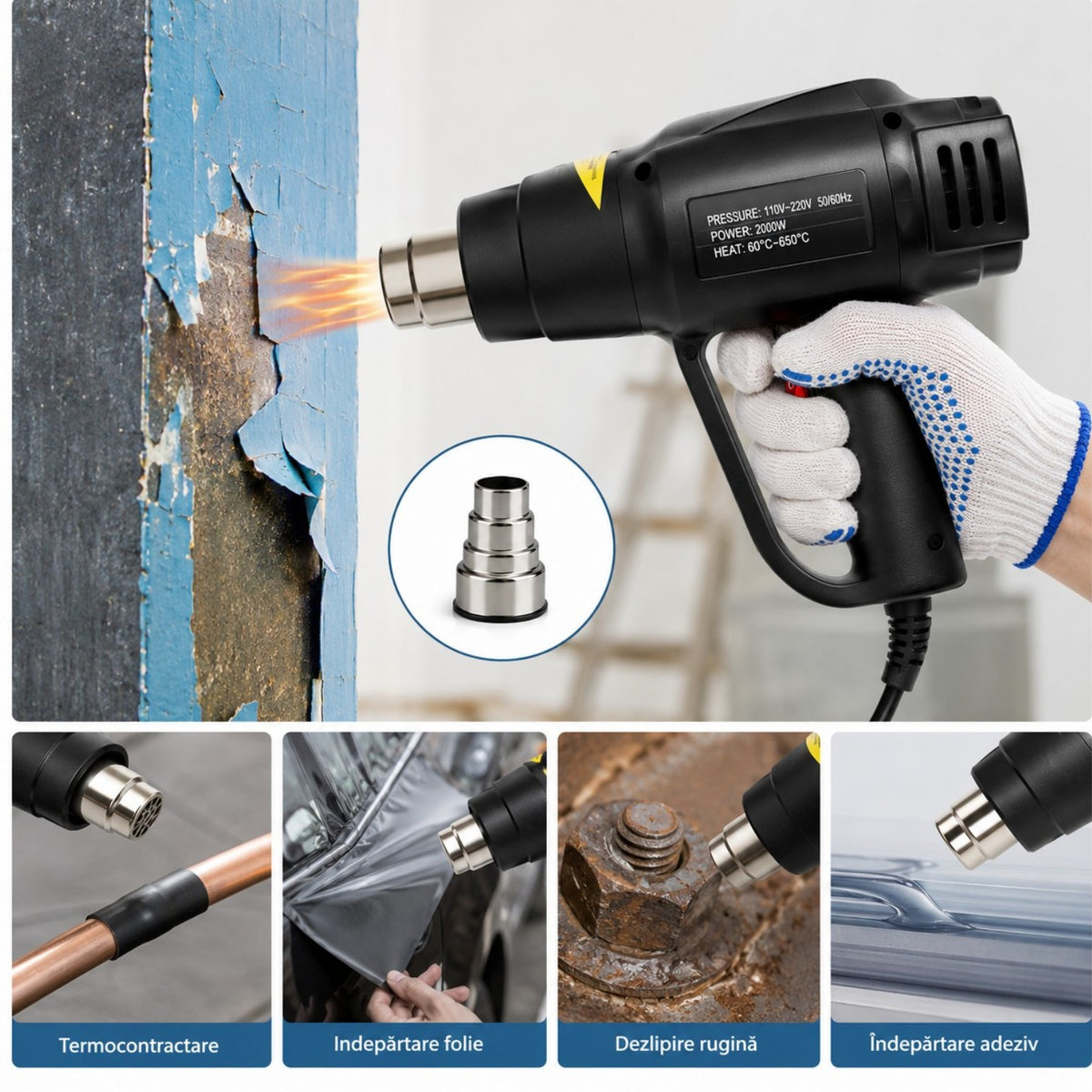 Pistol cu Aer Cald 2000W, Temperatură Reglabilă 60–600°C, 2 Trepte de Debit Aer, Protecție la Supraîncălzire, Duză Inclusă, pentru Decapare Vopsea, Tub Termocontractabil, Folii, Dezghețare și Uscare Engros