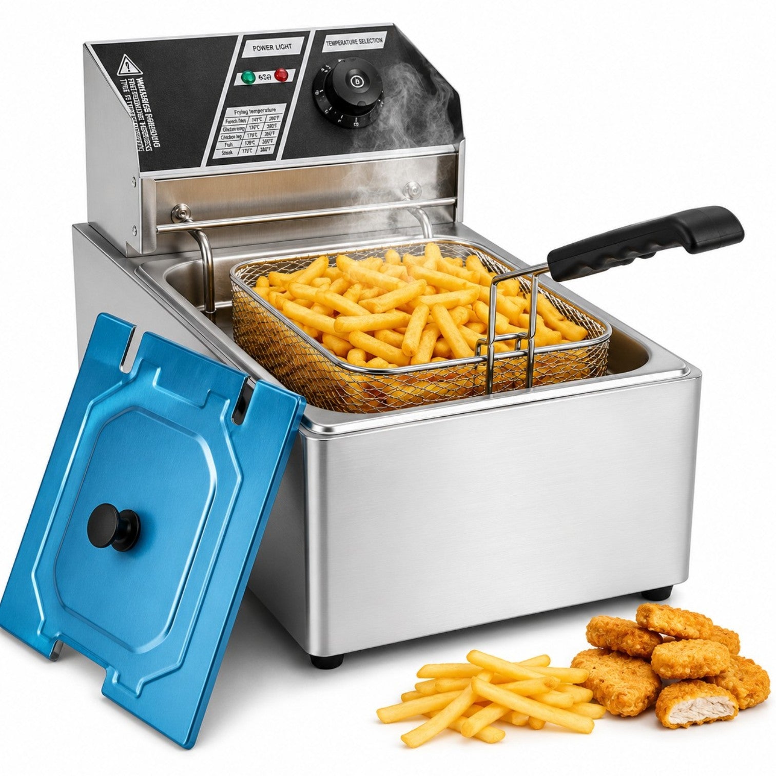 Friteuză Electrică Profesională din Inox, 45×29×26cm, 3.5kg, Termostat Reglabil, Coș din Oțel Inoxidabil cu Capac Inclus, 2500W Engros