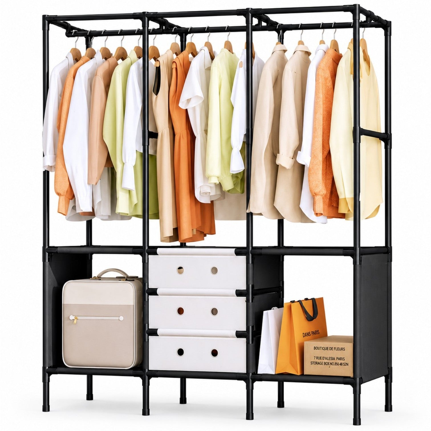 Dulap Textil Modular 122x41x188cm cu Uși Rabatabile, Organizator pentru Haine și Depozitare, Cadru Metalic Engros