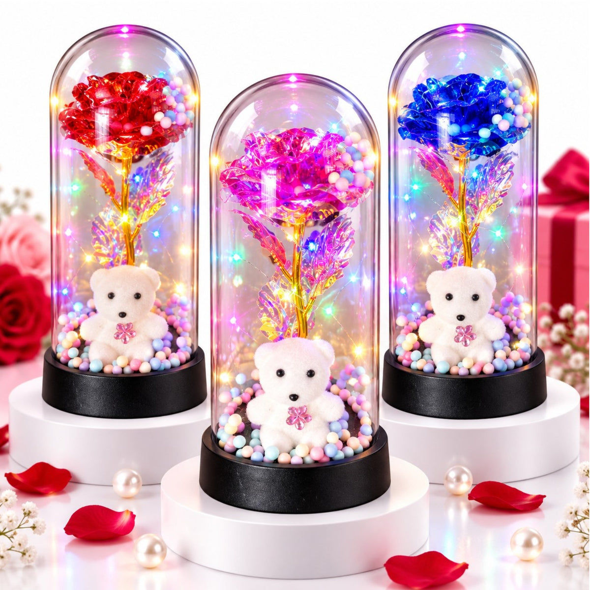 Trandafir Cristalizat 20x9.5cm cu Lumina LED Multicolor sub Cupola Transparenta, cu Ursulet Decorativ si Bilute Colorate, Diferite Culori Engros
