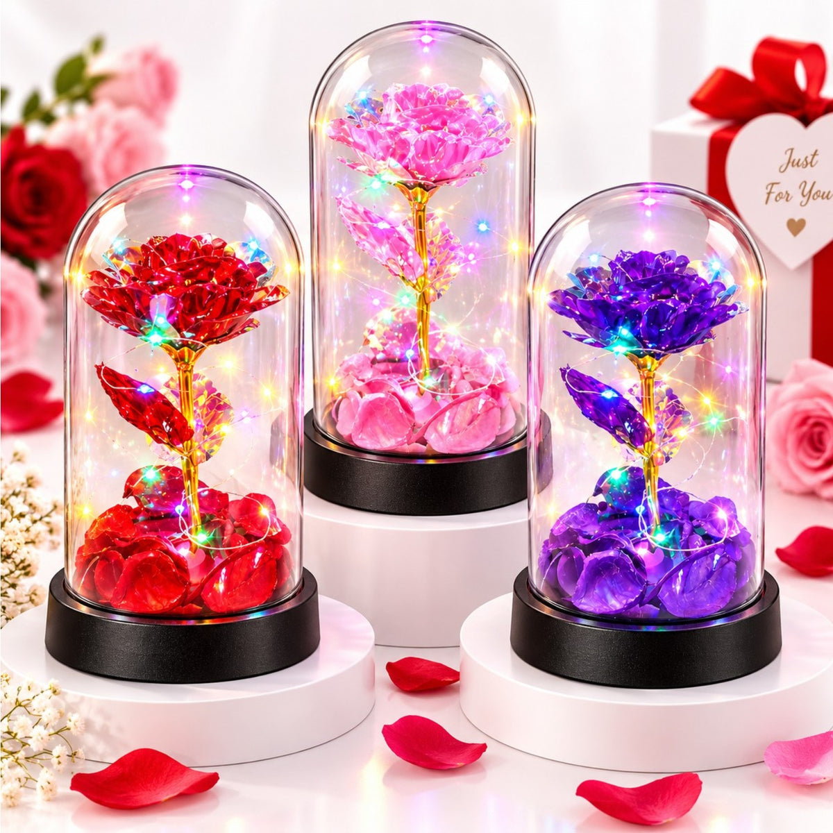 Trandafir Cristalizat 14cm cu Petale Decorative, Lumină LED Multicoloră, în Cupolă Transparentă din Plastic Diferite Culori Engros
