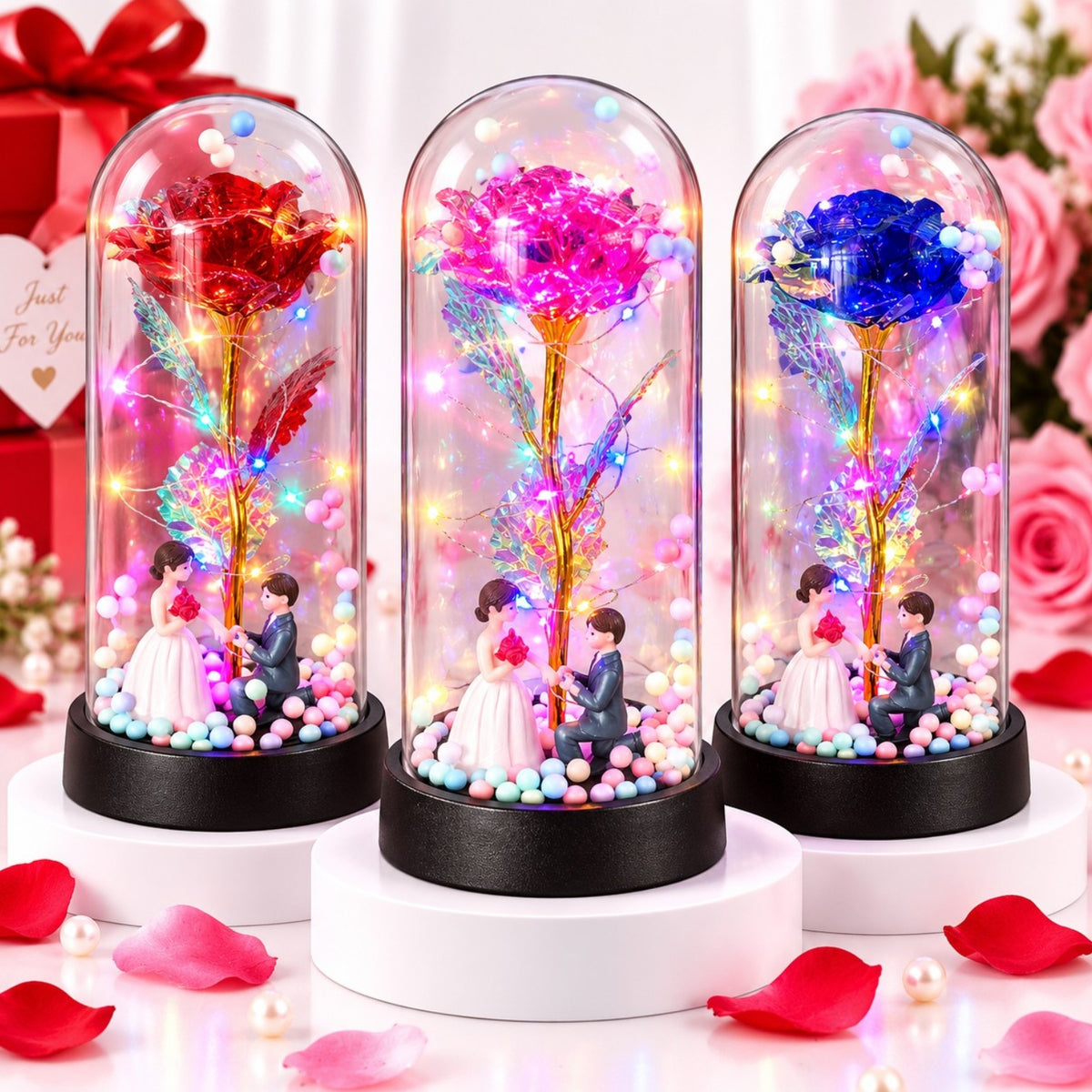 Trandafir Cristalizat 20x9.5cm cu Lumina LED Multicolor sub Cupola Transparenta, cu Figurina Cuplu si Bilute Decorative, Diferite Culori Engros