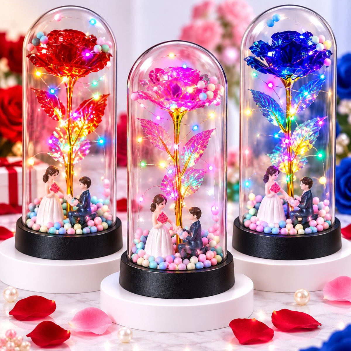 Trandafir Cristalizat 20x9.5cm cu Lumina LED Multicolor sub Cupola Transparenta, cu Figurina Cuplu si Bilute Decorative, Diferite Culori Engros