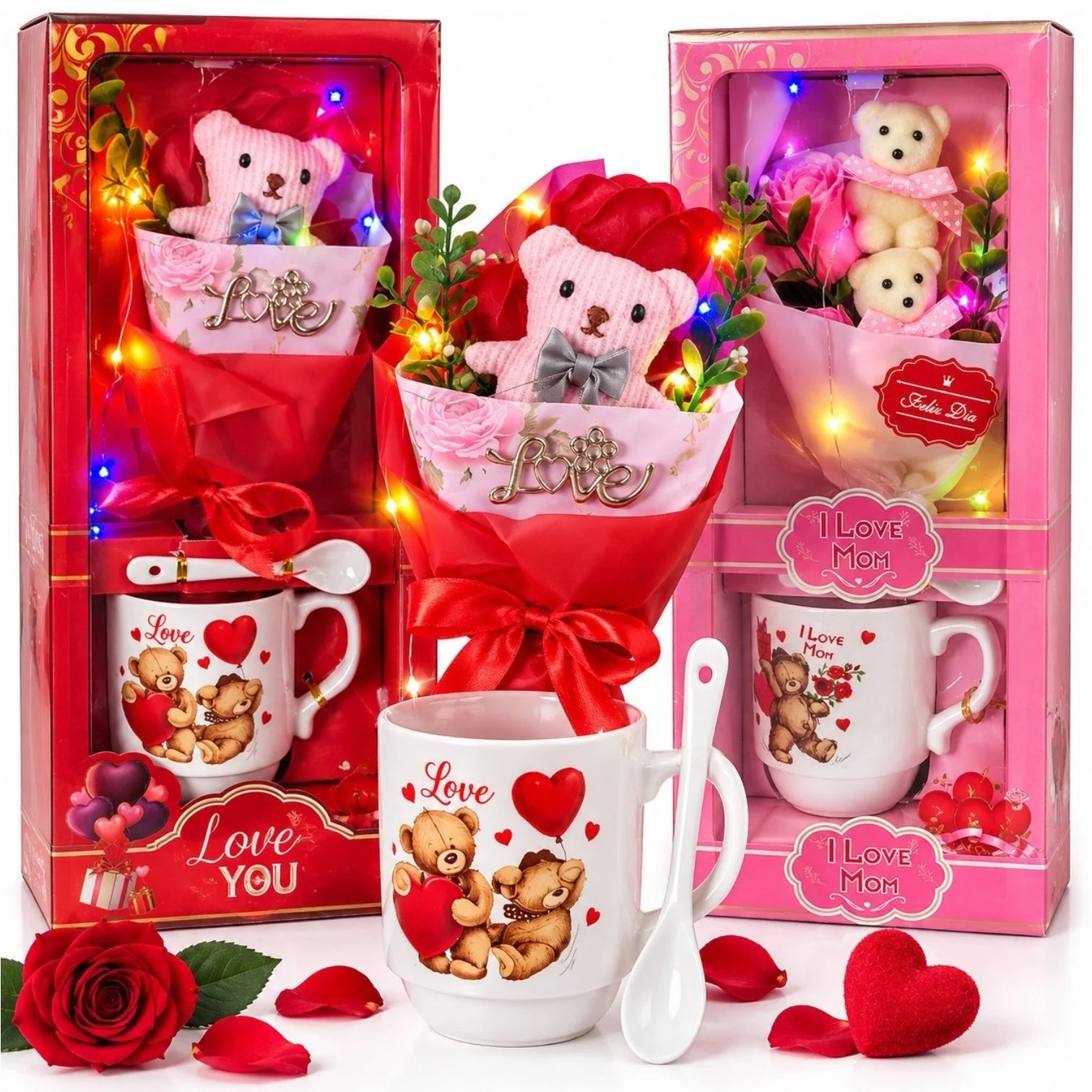 Cana Arcopal 10x7.5cm cu Lingura, Buchetel 25cm cu Ursulet si Trandafiri din Sapun, Lumina LED Multicolor, Cutie Cadou 33.5x14cm, Diferite Modele Engros