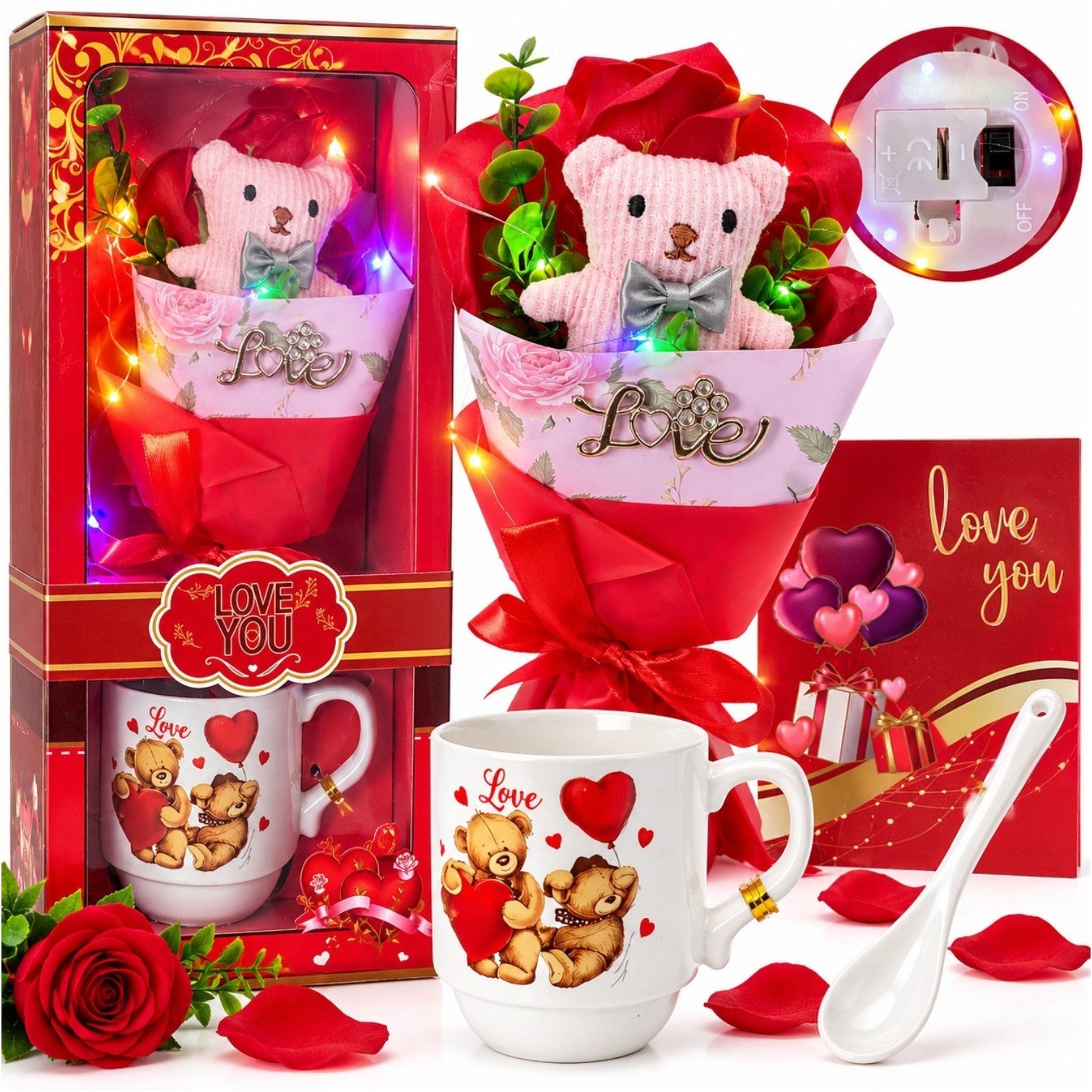 Cana Arcopal 10x7.5cm cu Lingura, Buchetel 25cm cu Ursulet si Trandafiri din Sapun, Lumina LED Multicolor, Cutie Cadou 33.5x14cm, Diferite Modele Engros