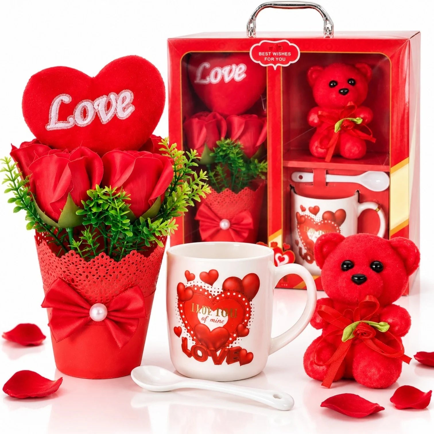 Cana Arcopal 7x7.5cm cu Lingura, Ghiveci cu 2 Trandafiri din Sapun 22cm si Ursulet din Plus 10cm, Cutie Cadou 24x21cm, Engros