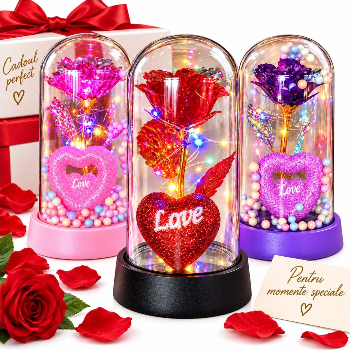 Trandafir Cristalizat 15x8cm cu Lumina LED Multicolor sub Cupola Transparenta, cu Inima si Bilute Decorative, Diferite Culori Engros