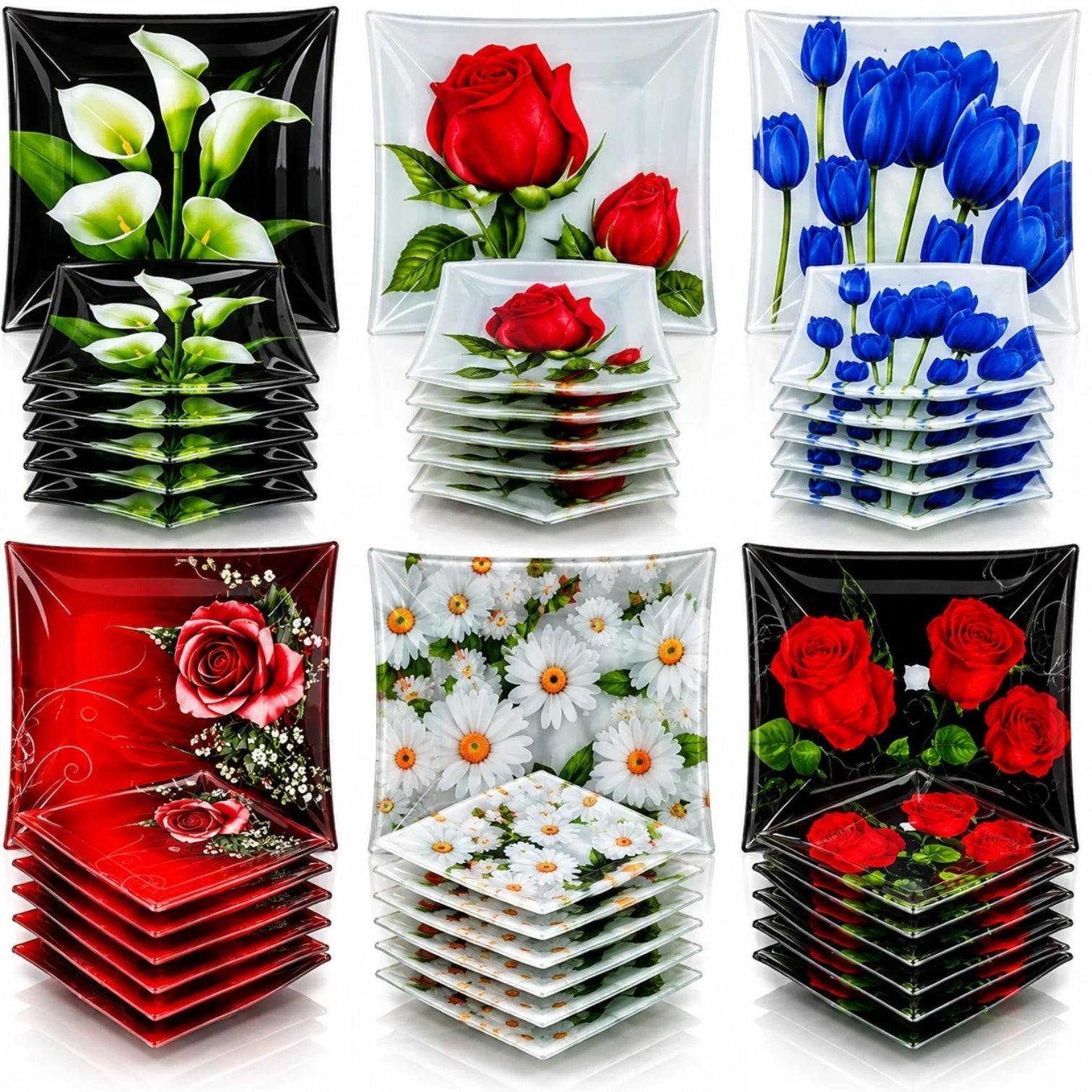 Farfurii din Sticla 7 Piese, Platou 29x29cm + 6 Farfurii 17x17cm, Diferite Modele si Culori Engros