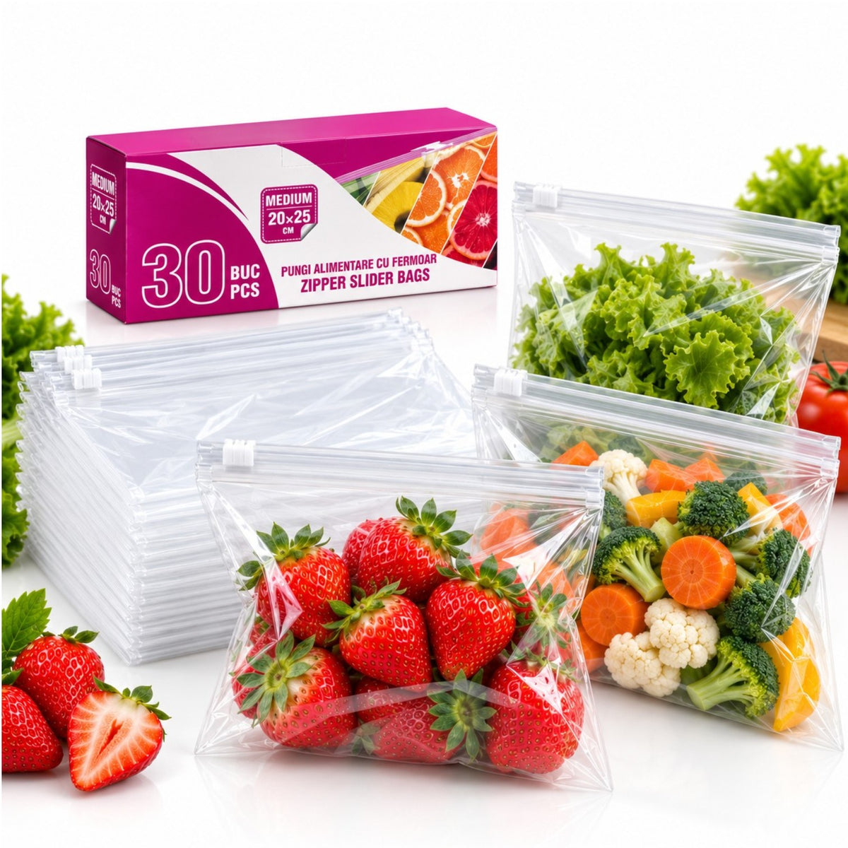 Pungi Alimentare 30/set, cu Fermoar 20x25cm, Transparente 2L Engros