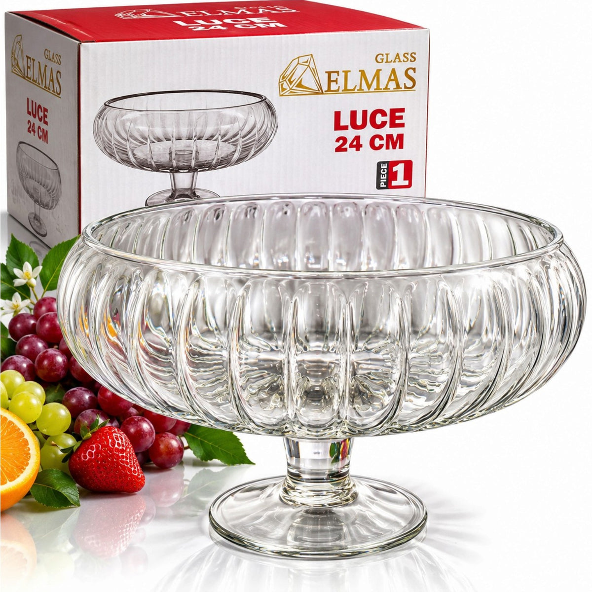 Fructiera din Sticla Transparenta Luce, 24x14cm, Model Striat cu Picior Engros
