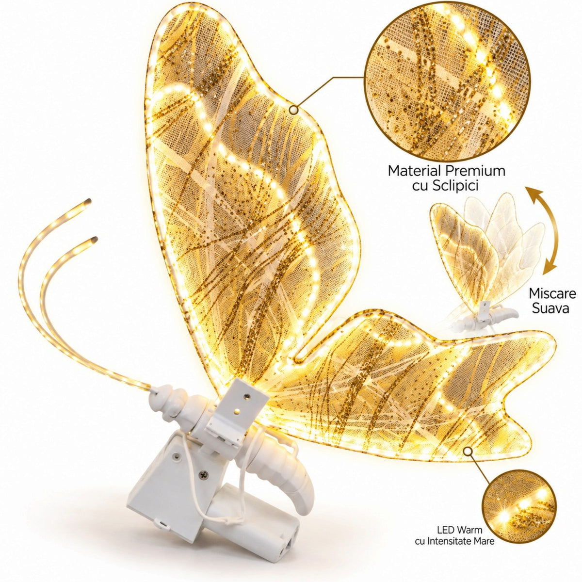 Fluture Decorativ LED de Craciun, Aripi din Dantela cu Sclipici, 65x45cm, Lumina Alb Cald, Aripi in Miscare si Sunete, Tija 130cm, Cablu 200cm, Interior/Exterior Engros