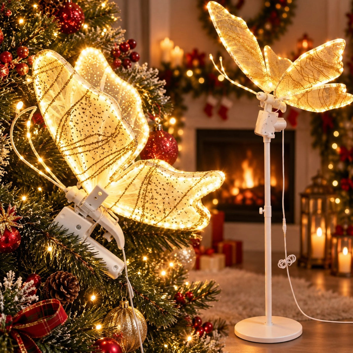 Fluture Decorativ LED de Craciun, Aripi din Dantela cu Sclipici, 65x45cm, Lumina Alb Cald, Aripi in Miscare si Sunete, Tija 130cm, Cablu 200cm, Interior/Exterior Engros