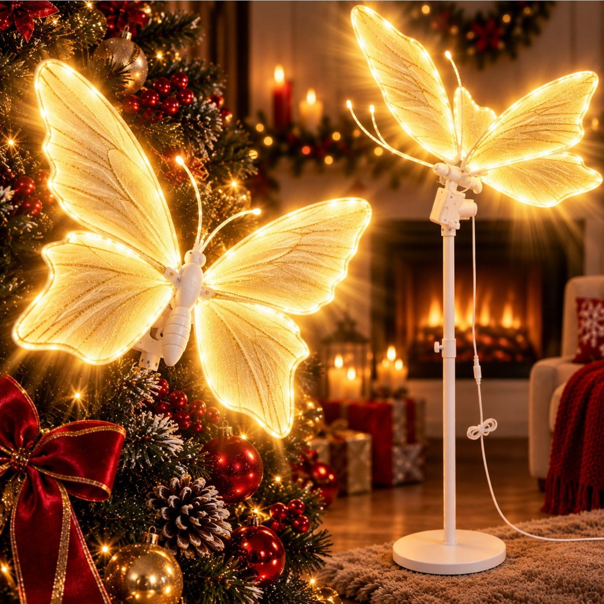 Fluture Decorativ LED de Craciun, Aripi din Dantela cu Sclipici, 65x45cm, Lumina Alb Cald, Aripi in Miscare si Sunete, Tija 130cm, Cablu 200cm, Interior/Exterior Engros