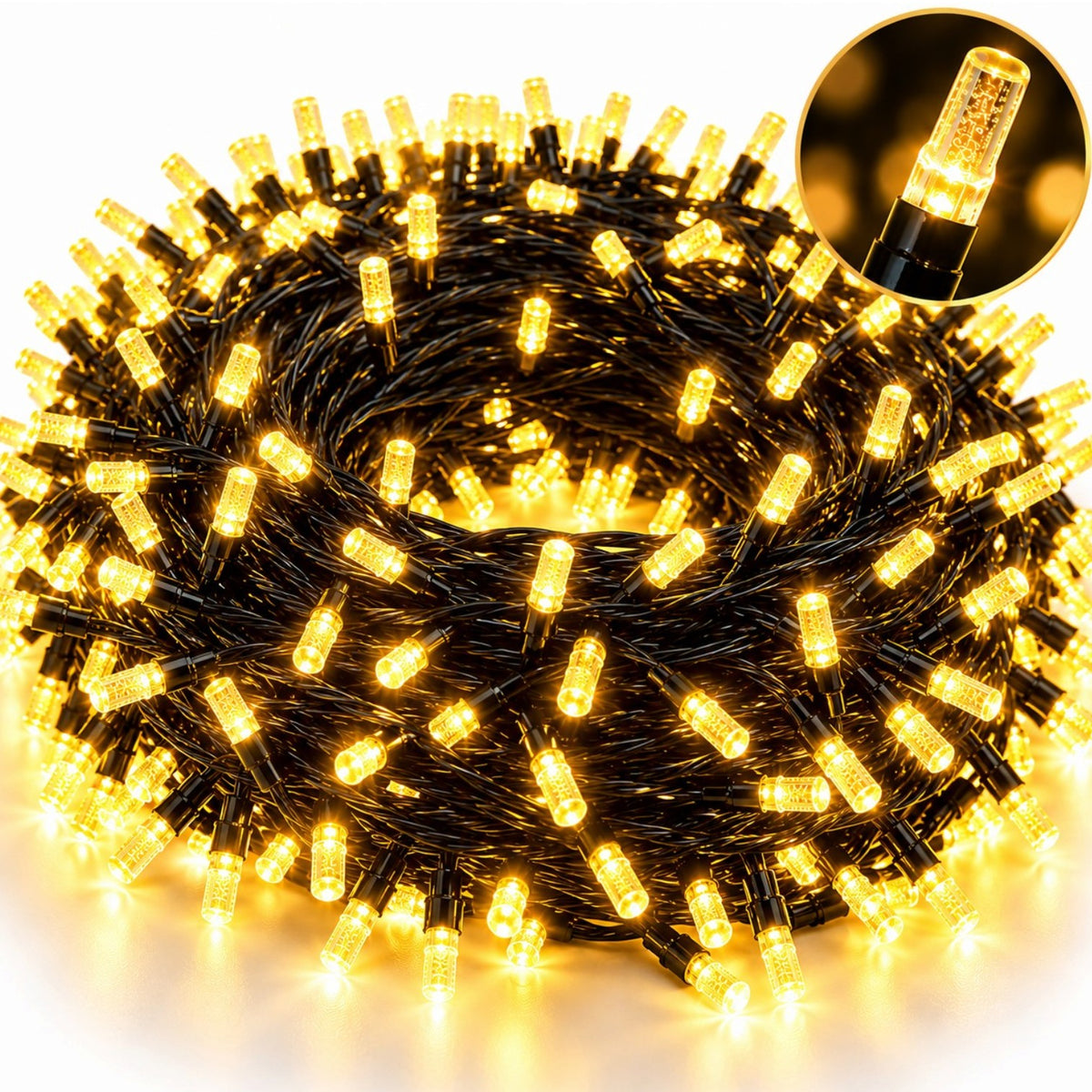 Instalatie Liniara LED de Craciun 15m, 200 LED-uri Cilindrice Tip Cristal, Lumina Alb Cald, Jocuri de Lumini si Efect Flash, Fir Negru Engros