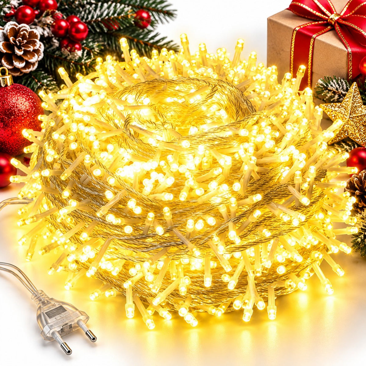 Instalatie LED 8m cu 60 MicroLED-uri, Fir Transparent, Lumina Alb Cald, Jocuri de Lumini si Efect Flash, pentru Craciun Engros