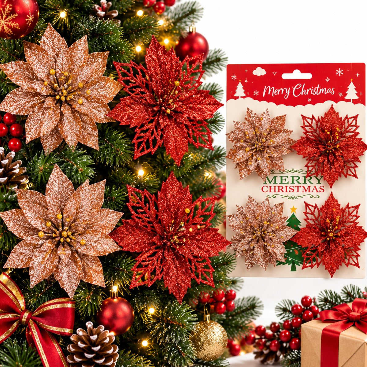 Ornamente pentru Brad 4/set, de Craciun 9cm cu Sclipici, Diferite Culori Engros