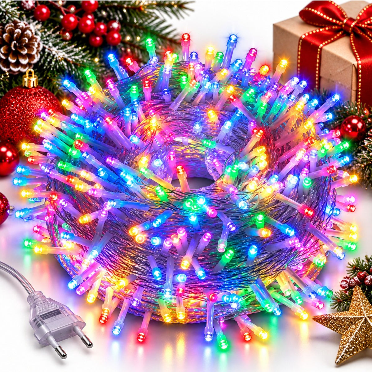 Instalatie LED 15m cu 150 MicroLED-uri, Fir Transparent, Lumina Multicolora, cu Jocuri de Lumini si Efect Flash, pentru Craciun Engros