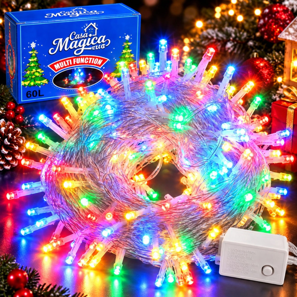 Instalatie LED 8m cu 60 MicroLED-uri, Fir Transparent, Lumina Multicolora, Jocuri de Lumini si Efect Flash, pentru Craciun Engros