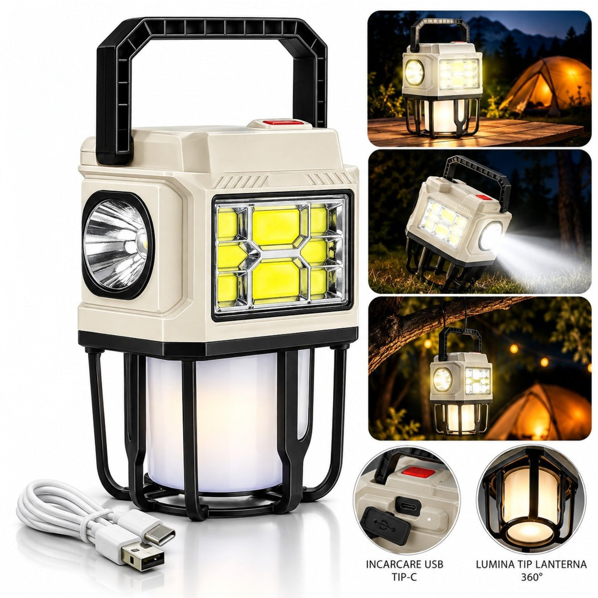 Lanterna Solara LED 15x9cm Felinar Portabil, cu 3 Moduri de Lumina Alb Rece/Cald Engros
