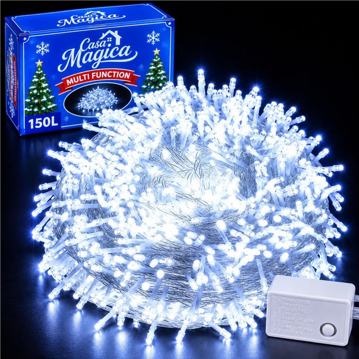 Instalatie LED 15m cu 150 MicroLED-uri, Fir Transparent, Lumina Alb Rece, cu Jocuri de Lumini si Efect Flash, pentru Craciun Engros