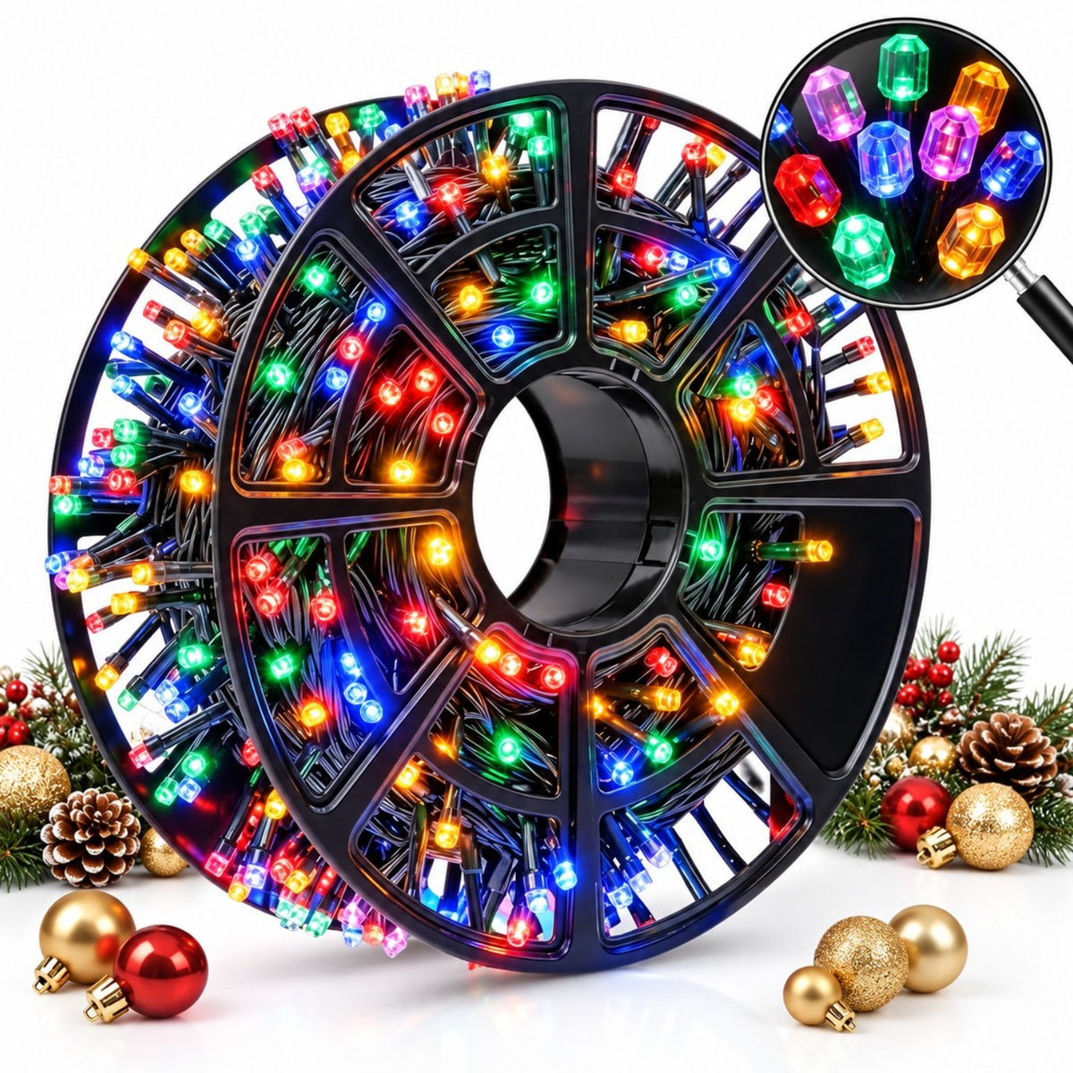 Instalatie LED pe Rola 100 Yards, 432 LED-uri Multicolore, Bec Mare Model Diamant, cu Jocuri de Lumini si Efect Flash, pentru Craciun Engros