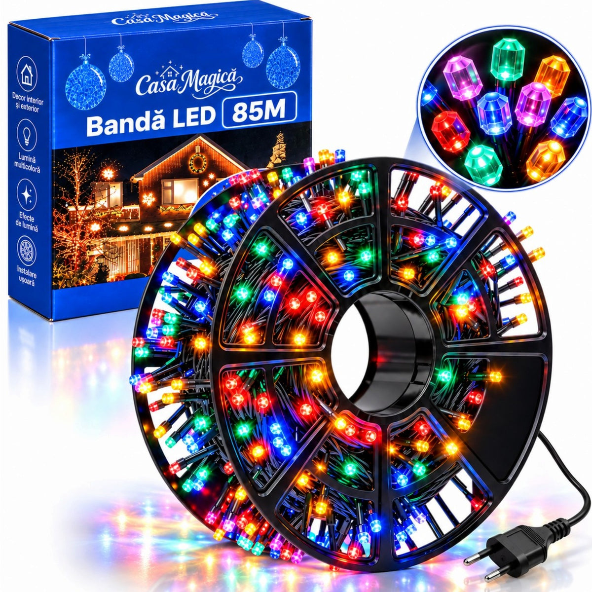 Instalatie LED pe Rola 85m, 400 LED-uri Multicolore, Fir Negru, Bec Mare Model Diamant, cu Jocuri de Lumini si Efect Flash, pentru Interior si Exterior, de Craciun Engros