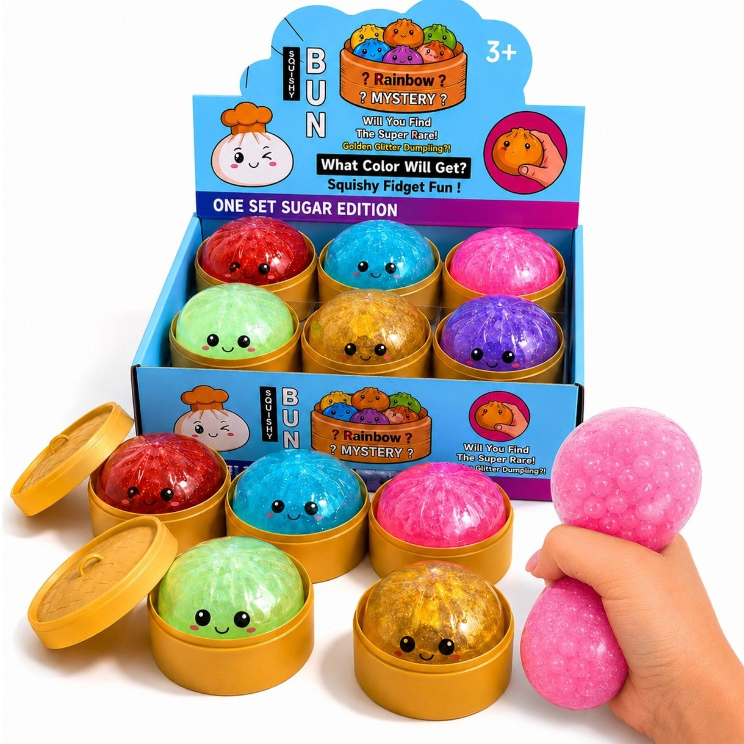 Jucarie Squishy Dumpling 12/set, cu Bile Mari Colorate, cu Bile Mari Colorate cu Lumina LED Multicolora în Interior 10cm, în Cutie Plastic, Antistres, Super Moale și Elastică, Diferite Culori Engros